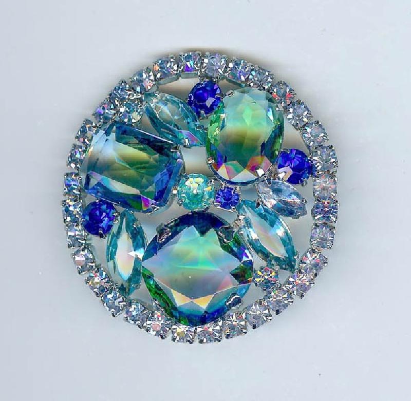 Front view of Blue Emerald Cut Givre Brooch
