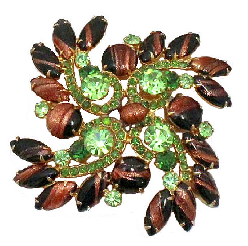Front view of Green Navettes Striped Brooch