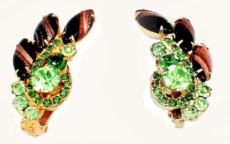 Front view of Green Navettes Striped Earrings Clip