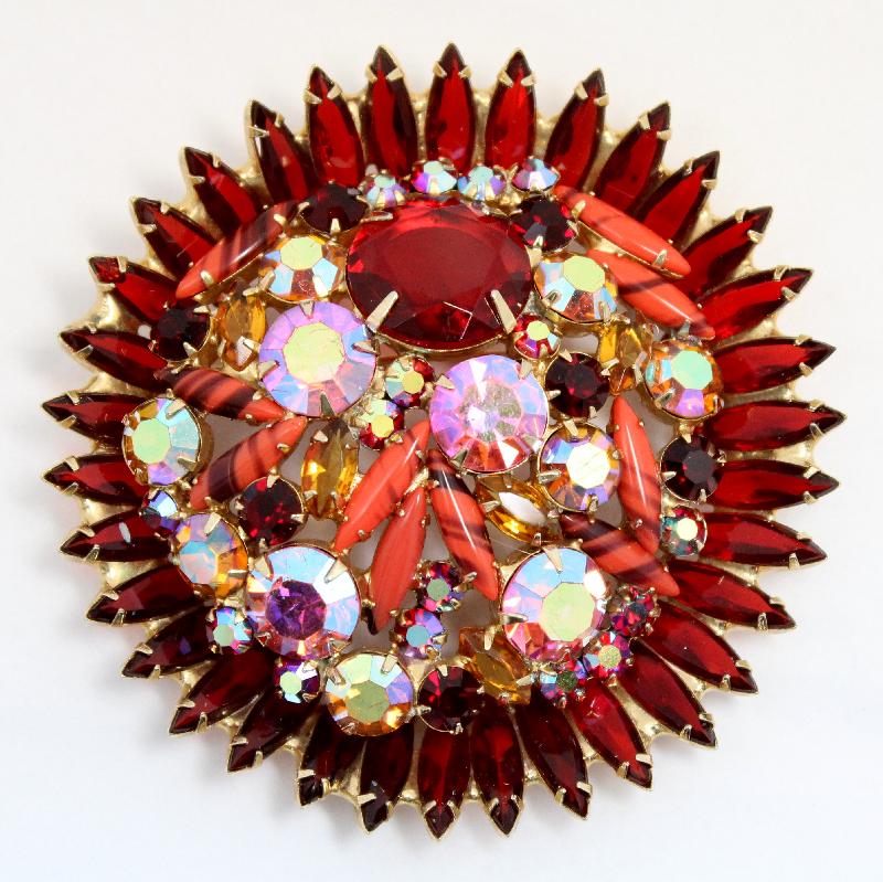 Front view of Red Navettes Striped Brooch