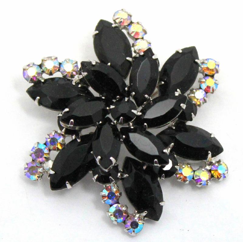 Front view of Black (jet) Navettes Brooch