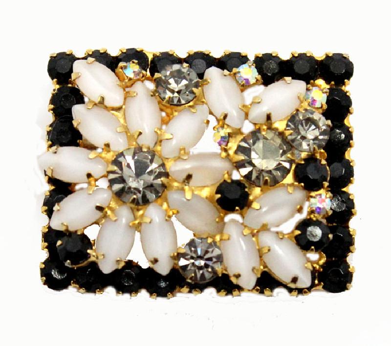 Front view of Black (jet) Navettes Brooch