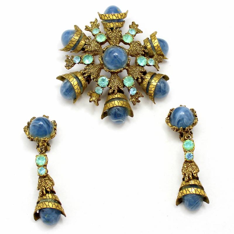 Front view of Blue Cabochons Striped Brooch