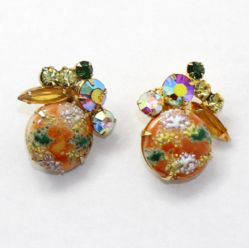 Front view of Orange Cabochons Painted (hand/Transfer) Earrings Clip