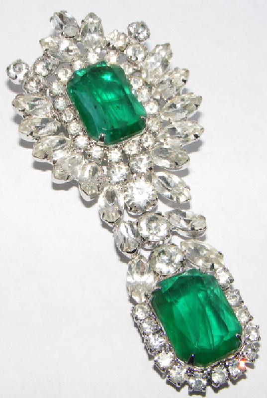 Front view of Green Emerald Cut Striped Brooch