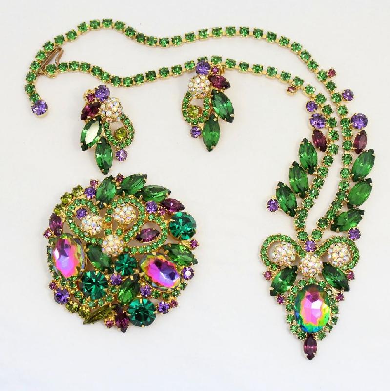 Front view of Green Navettes Multi-Color/Shaded Brooch
