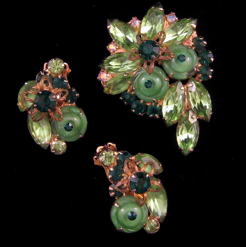 Front view of Green Navettes Molded/Cut Brooch