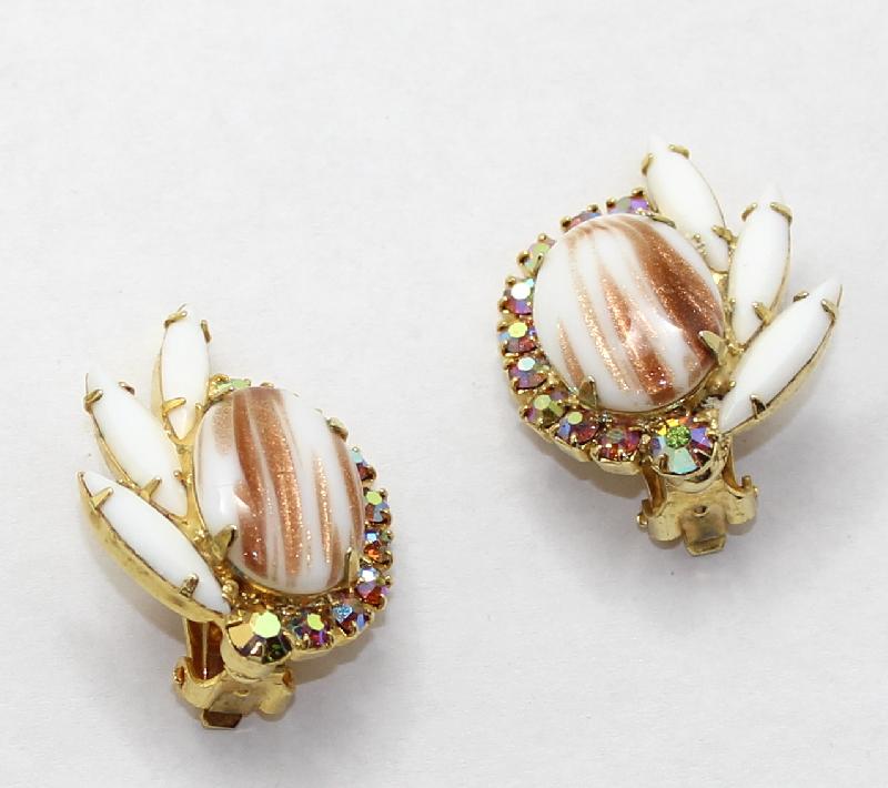 Front view of White (chalk Or Milk) Cabochons Striped Earrings Clip