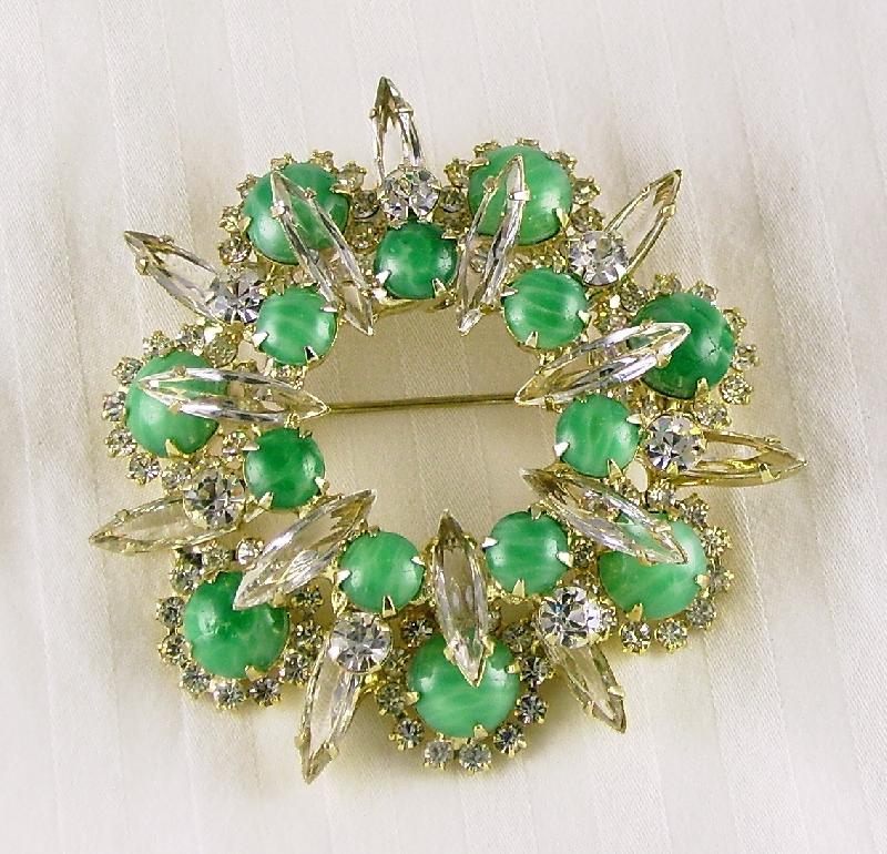 Front view of Green Cabochons Striped Brooch