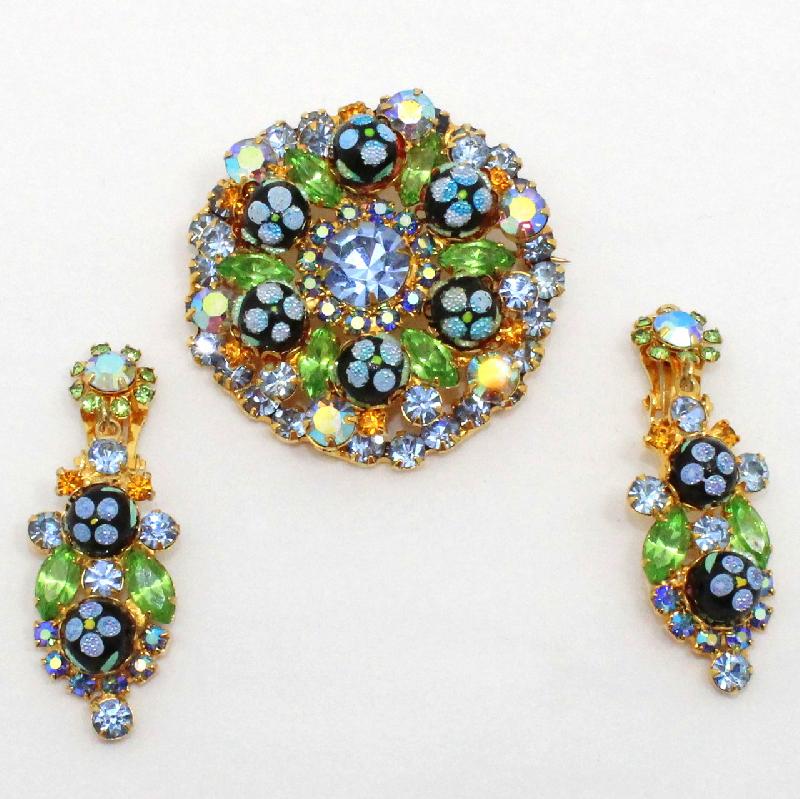 Front view of Blue Navettes Painted (hand/Transfer) Brooch