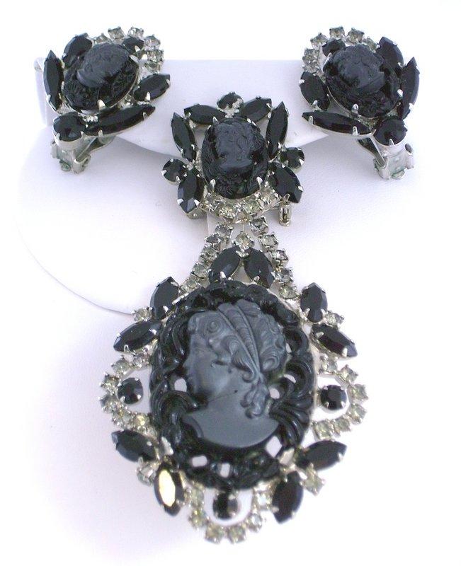 Front view of Black (jet) Navettes Brooch