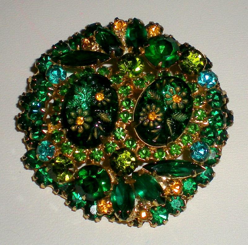 Front view of Green Cabochons Molded/Cut Brooch