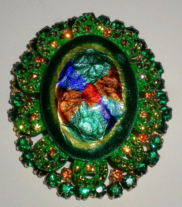 Front view of Green Cabochons Painted (hand/Transfer) Brooch