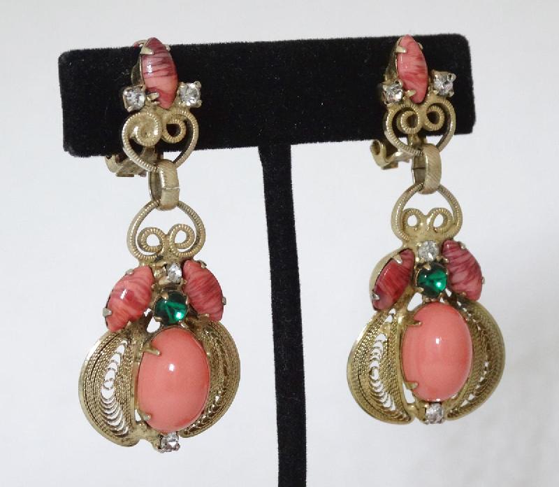 Front view of Orange Cabochons Striped Earrings Clip