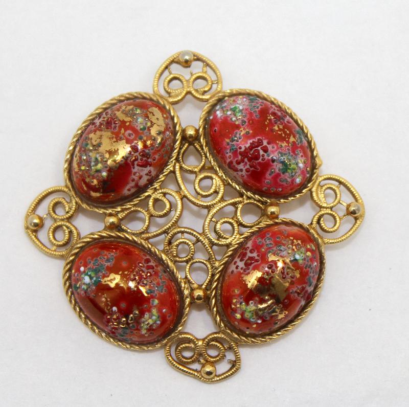 Front view of Red Cabochons Painted (hand/Transfer) Brooch