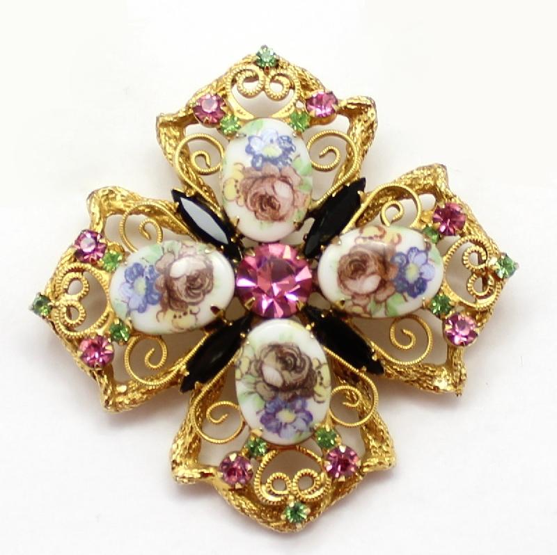Front view of Pink Cabochons Painted (hand/Transfer) Brooch