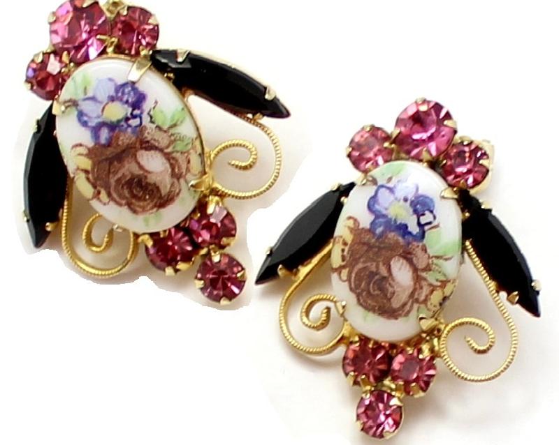 Front view of Pink Cabochons Painted (hand/Transfer) Earrings Clip