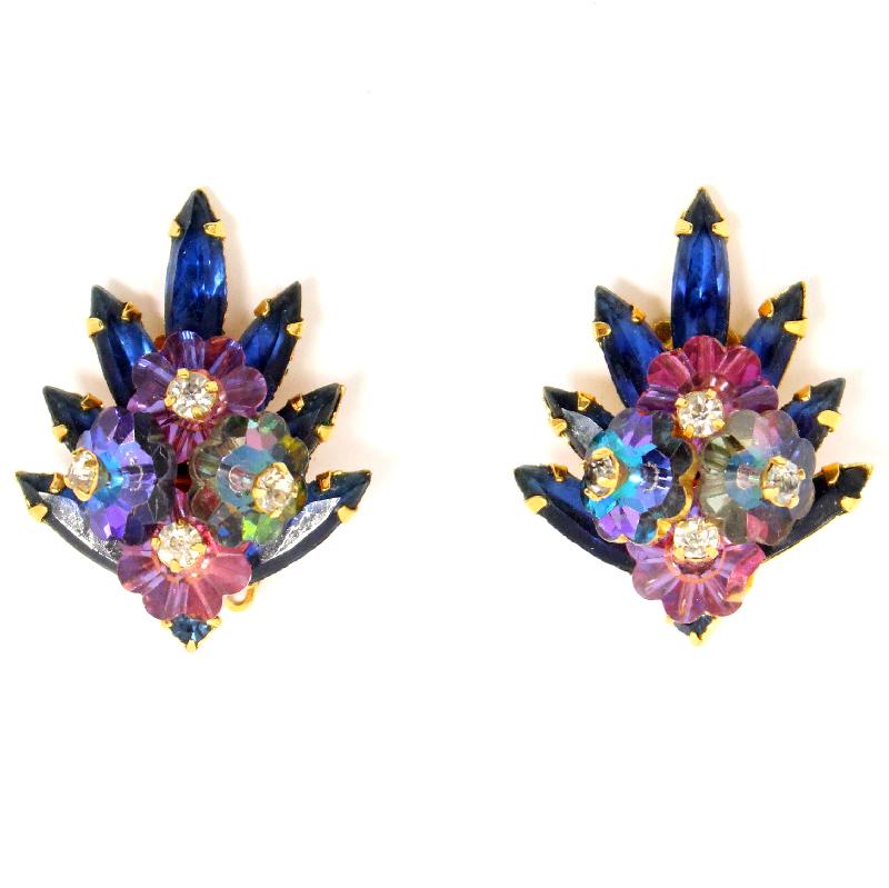 Front view of Blue Navettes Rivoli/Margarita Earrings Clip
