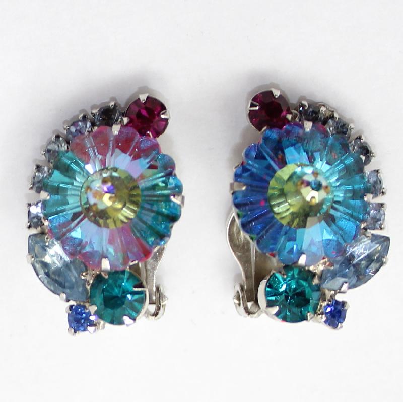 Front view of Blue Navettes Rivoli/Margarita Earrings Clip