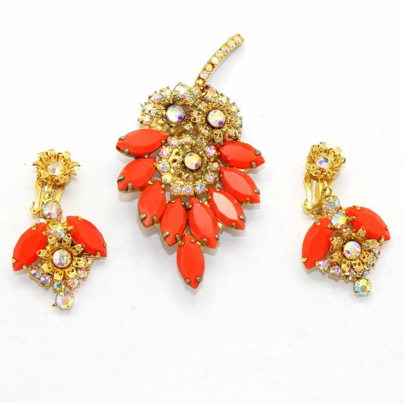 Front view of Orange Navettes Brooch