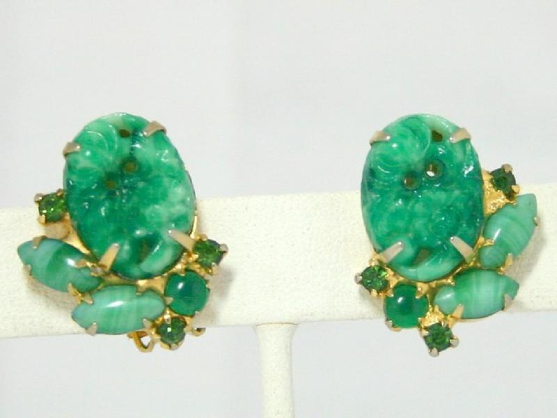 Front view of Green Cabochons Molded/Cut Earrings Clip