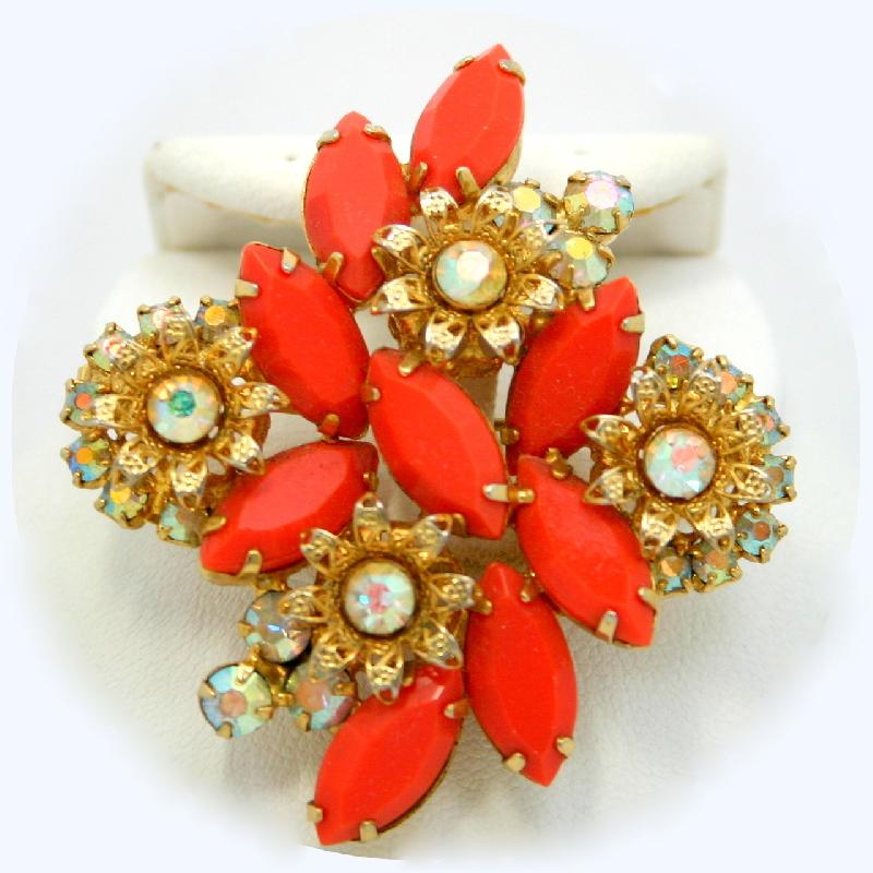 Front view of Orange Navettes Brooch