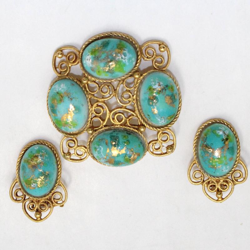 Front view of Turquoise Cabochons Painted (hand/Transfer) Earrings Clip