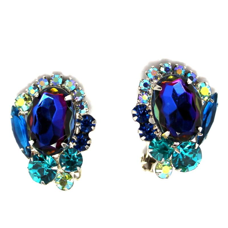 Front view of Blue Oval Multi-Color/Shaded Earrings Clip