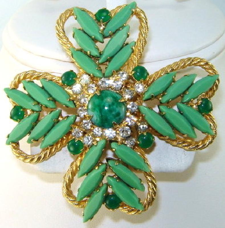 Front view of Green Navettes Brooch