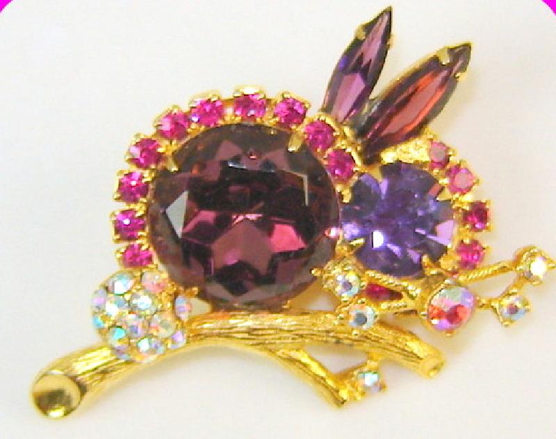 Front view of Purple (cardinal) Navettes Brooch