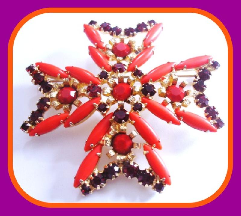 Front view of Red Navettes Brooch