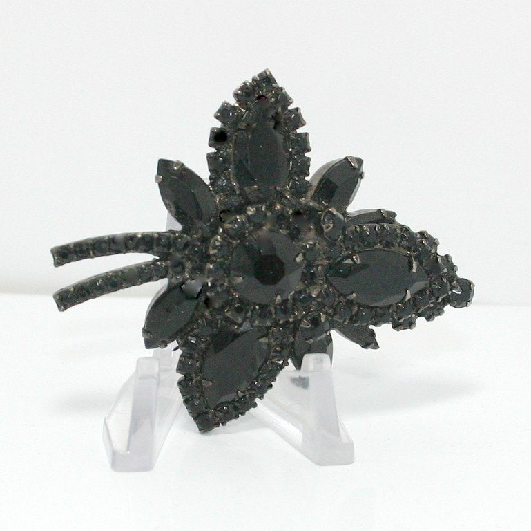 Front view of Black (jet) Navettes Brooch