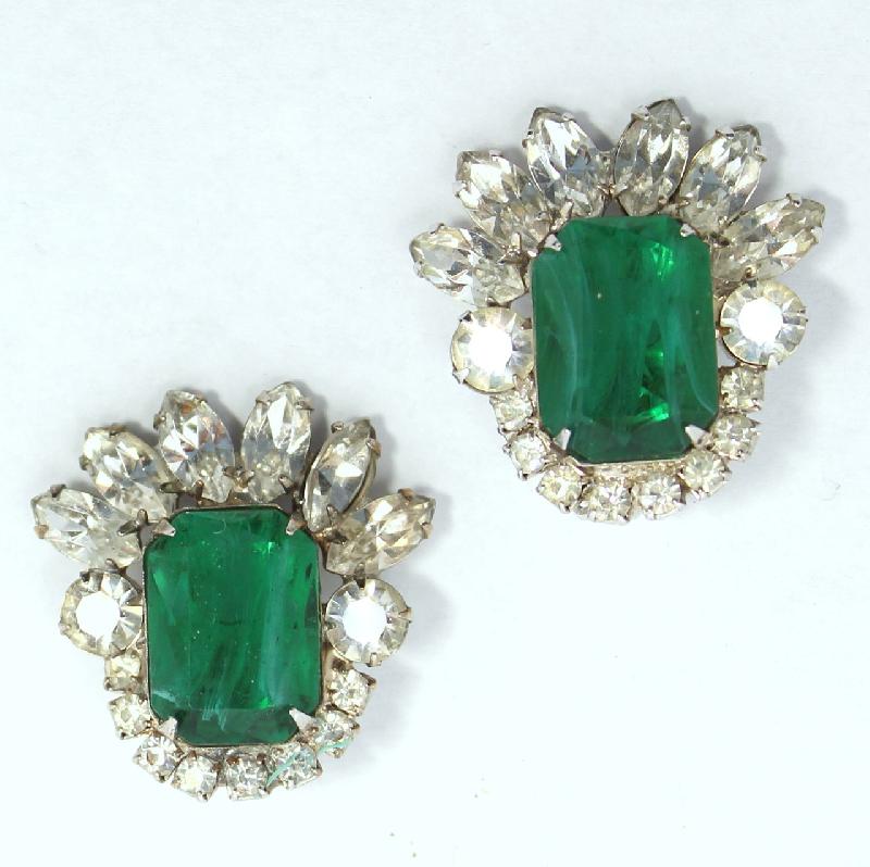 Front view of Green Emerald Cut Multi-Color/Shaded Earrings Clip