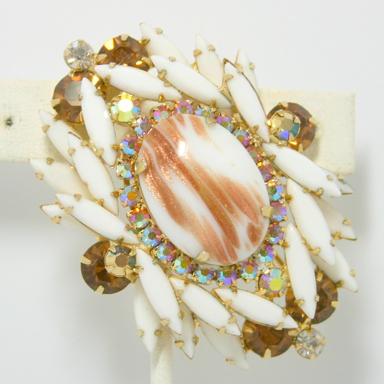 Front view of White (chalk Or Milk) Cabochons Striped Brooch