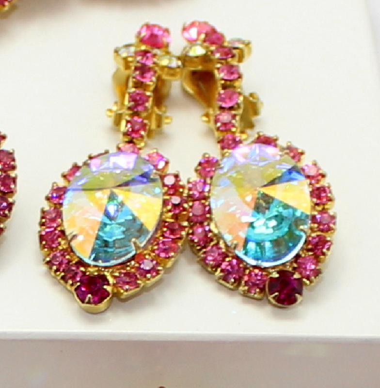Front view of Pink Oval Rivoli/Margarita Earrings Clip