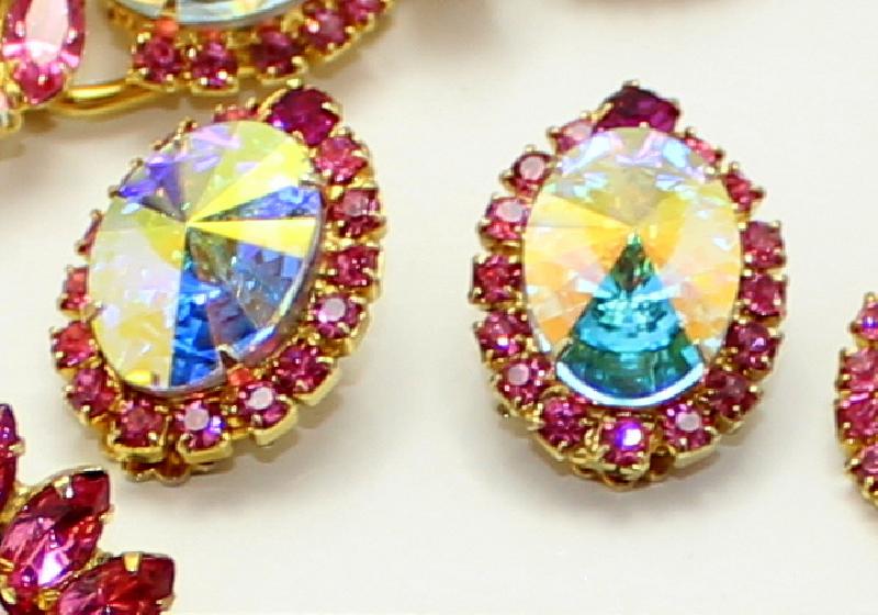Front view of Pink Oval Rivoli/Margarita Earrings Clip
