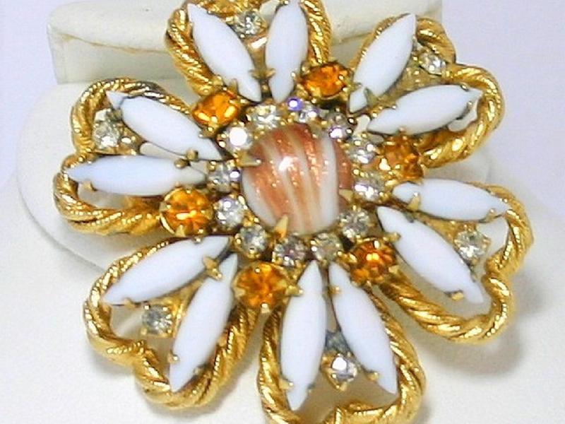 Front view of White (chalk Or Milk) Cabochons Striped Brooch