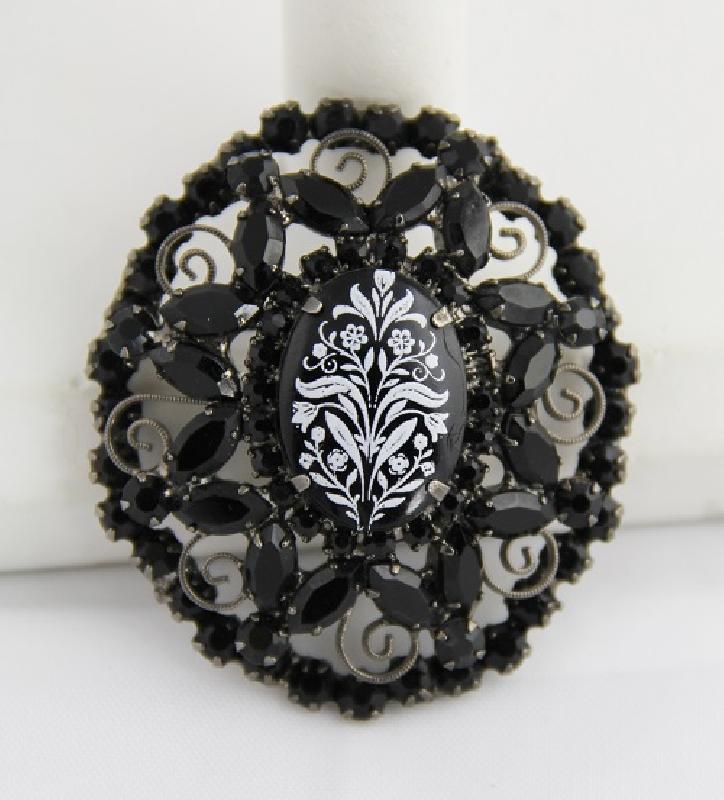 Front view of Black (jet) Cabochons Painted (hand/Transfer) Brooch