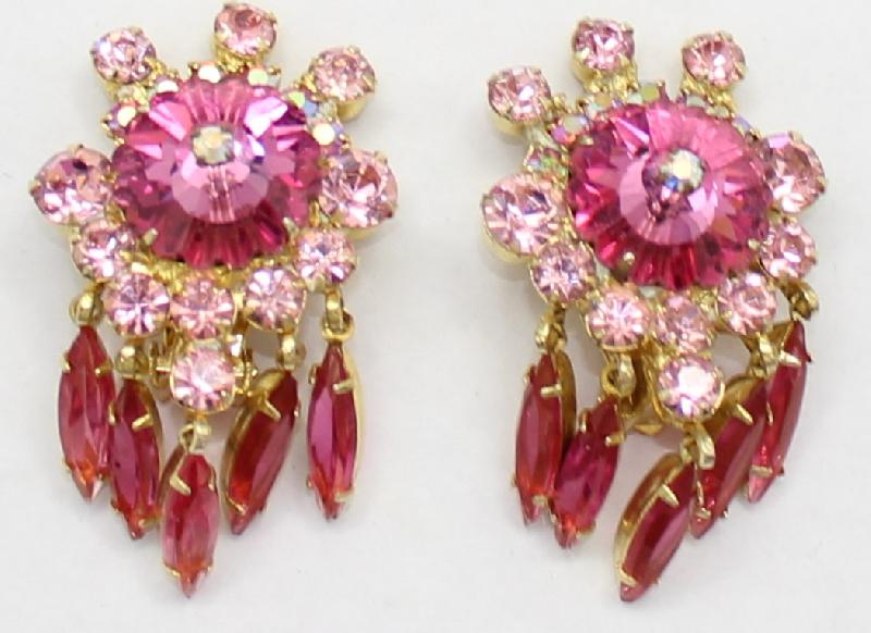 Front view of Pink Navettes Rivoli/Margarita Earrings Clip