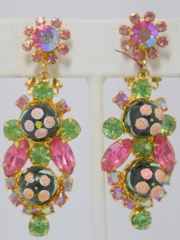 Front view of Pink Navettes Painted (hand/Transfer) Earrings Clip