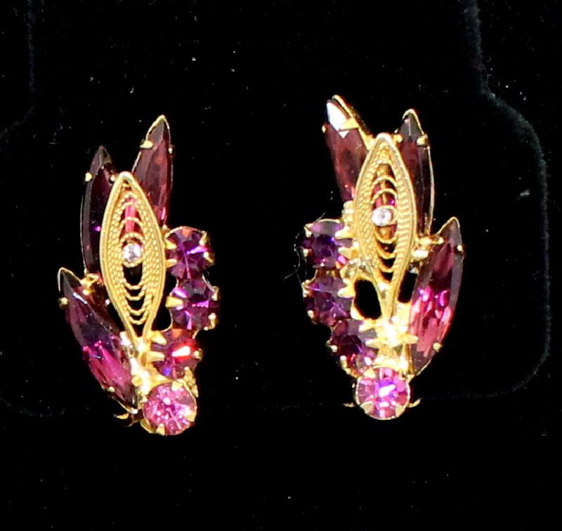 Front view of Purple (cardinal) Navettes Earrings Clip