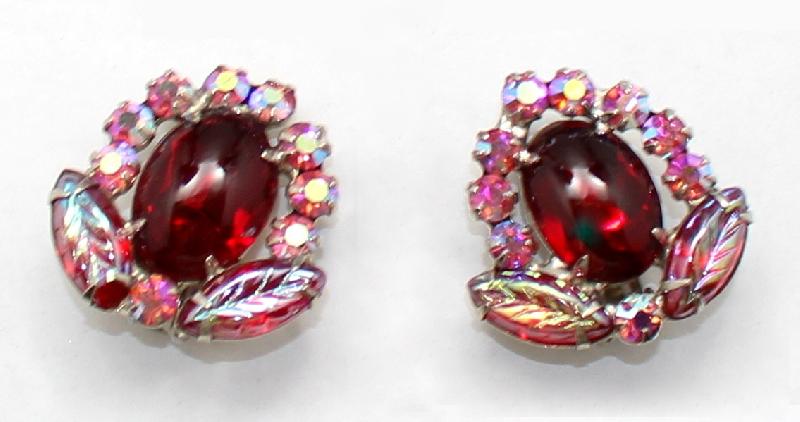 Front view of Red Cabochons Molded/Cut Earrings Clip