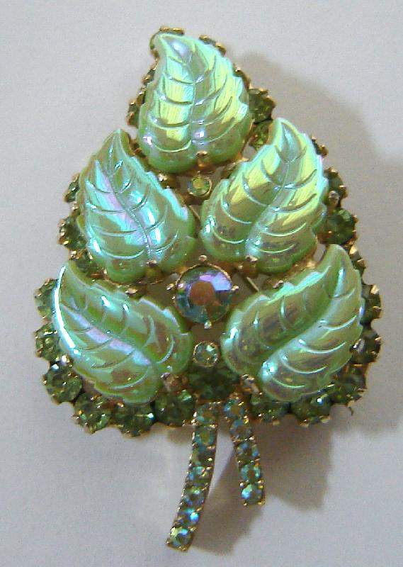Front view of Green Leaf Molded/Cut Brooch