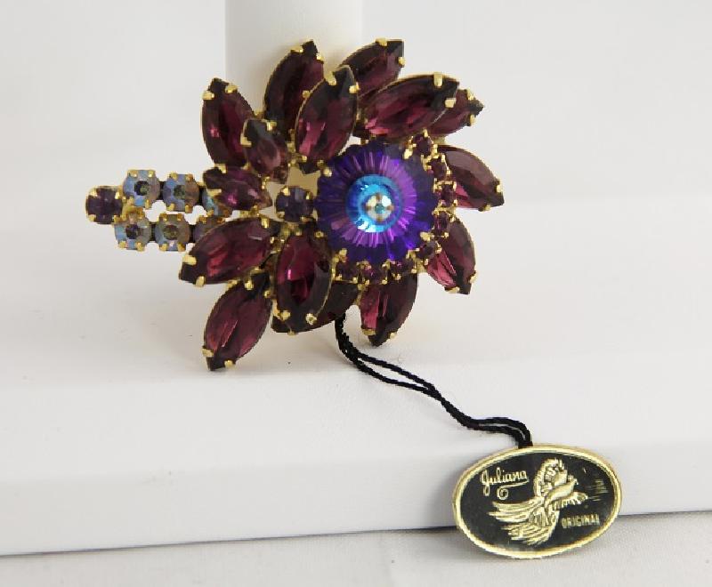 Front view of Purple (cardinal) Navettes Rivoli/Margarita Brooch