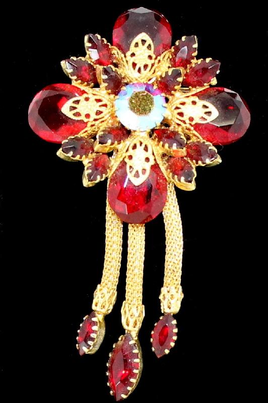 Front view of Red Navettes Brooch