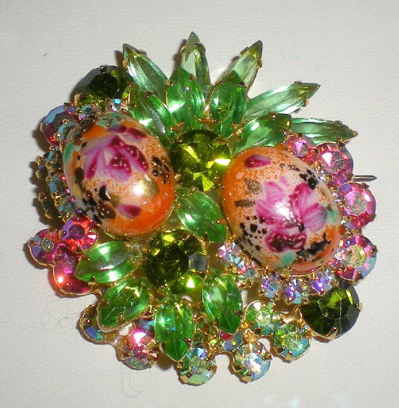 Front view of Green Cabochons Painted (hand/Transfer) Brooch