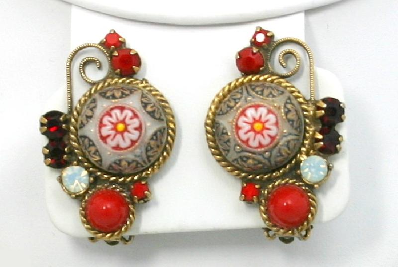 Front view of Red Cabochons Molded/Cut Earrings Clip