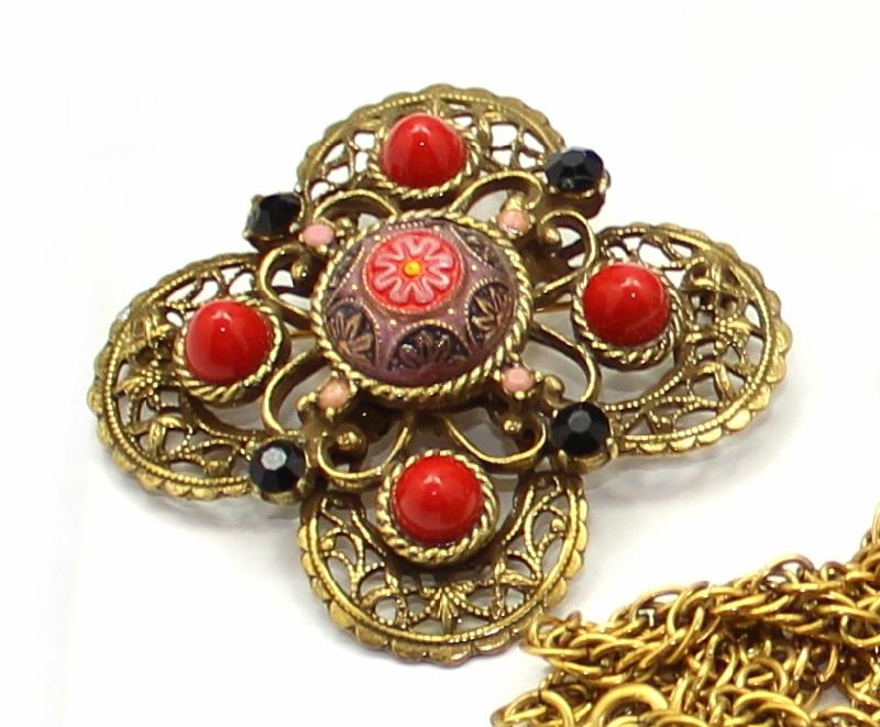 Front view of Red Cabochons Molded/Cut Brooch