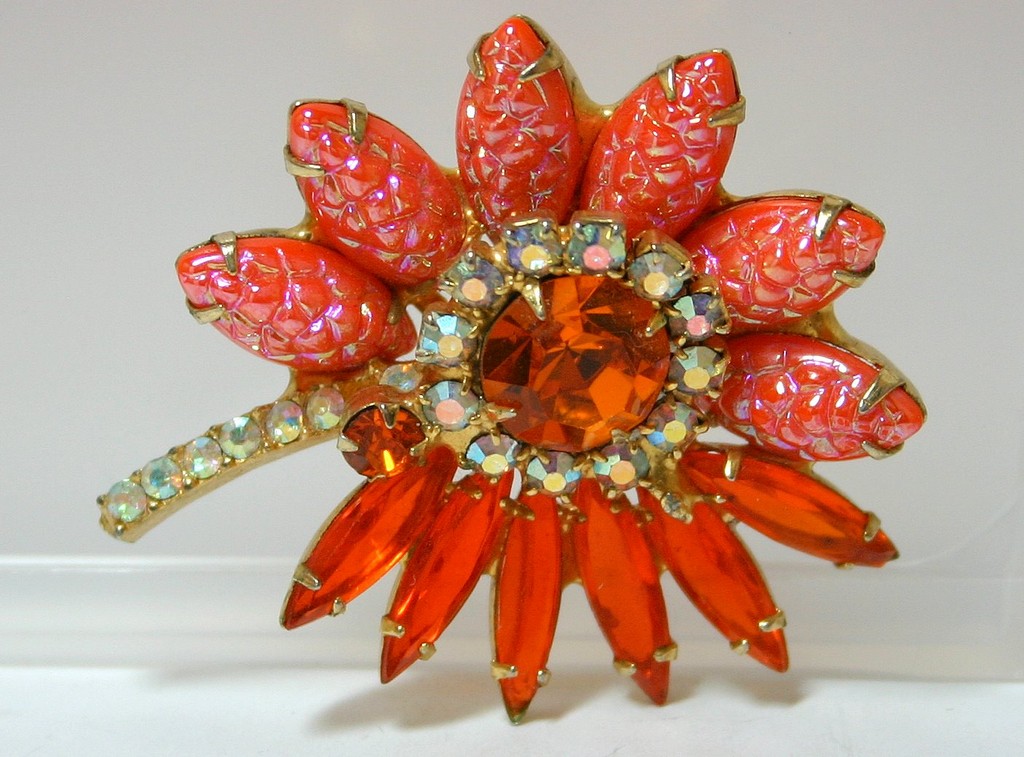 Front view of Orange Navettes Molded/Cut Brooch