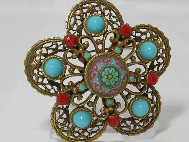 Front view of Turquoise Cabochons Molded/Cut Brooch